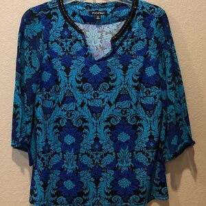 Women's Roz & Ali Beautiful Blue Embellished Split Neck Sheer Split Sleeve Top